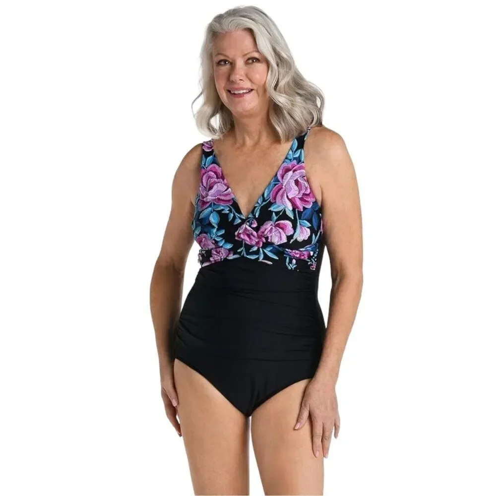 Maxine Of Hollywood Floral V-Neck Drape Front One Piece Swimsuit